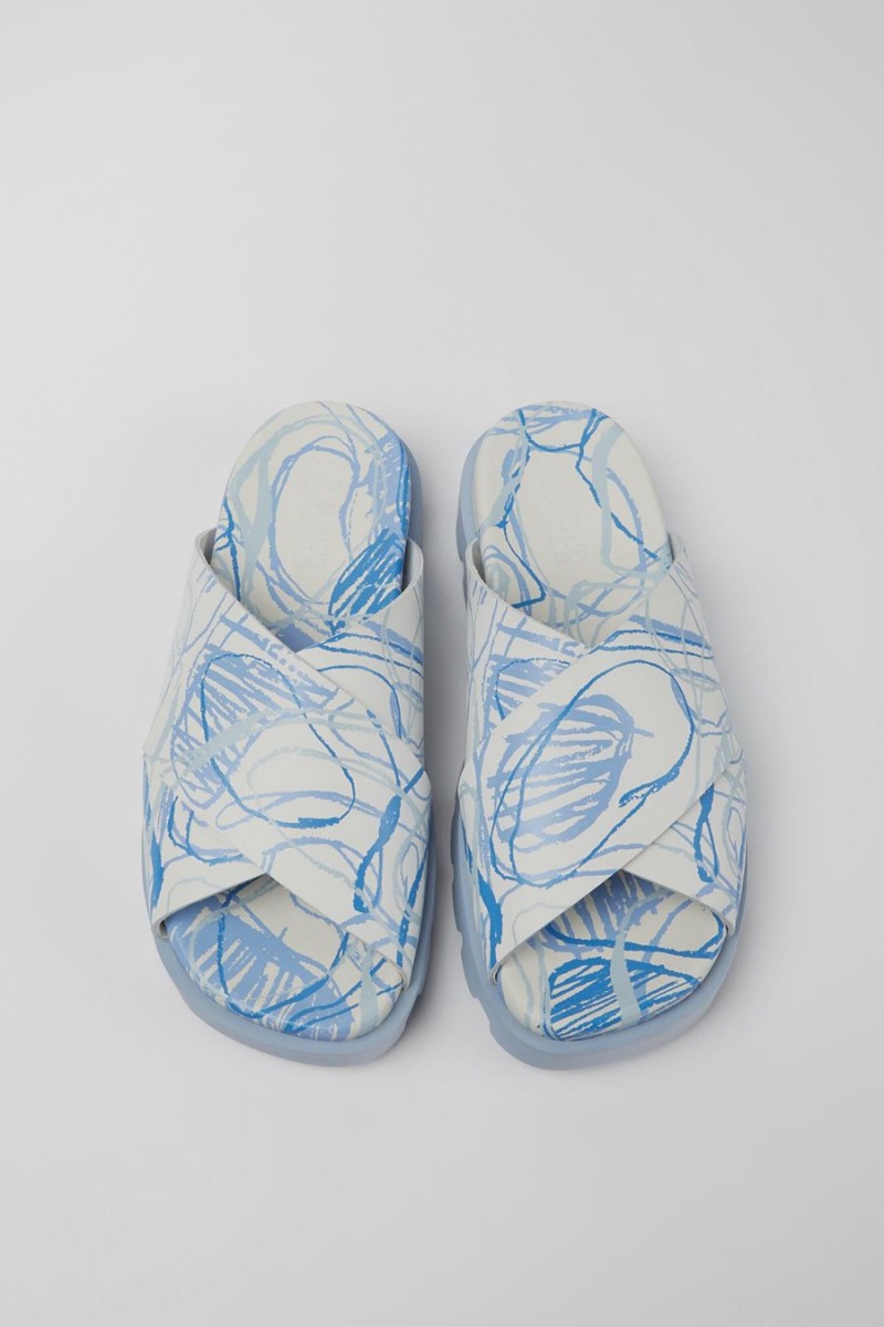 Blue Women's Camper Brutus Printed Leather Sandals | 6870953-TO