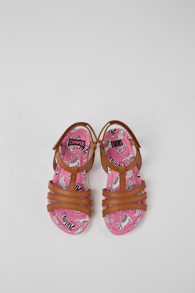 Brown Girls' Camper Twins Leather Sandals | 6370452-YN