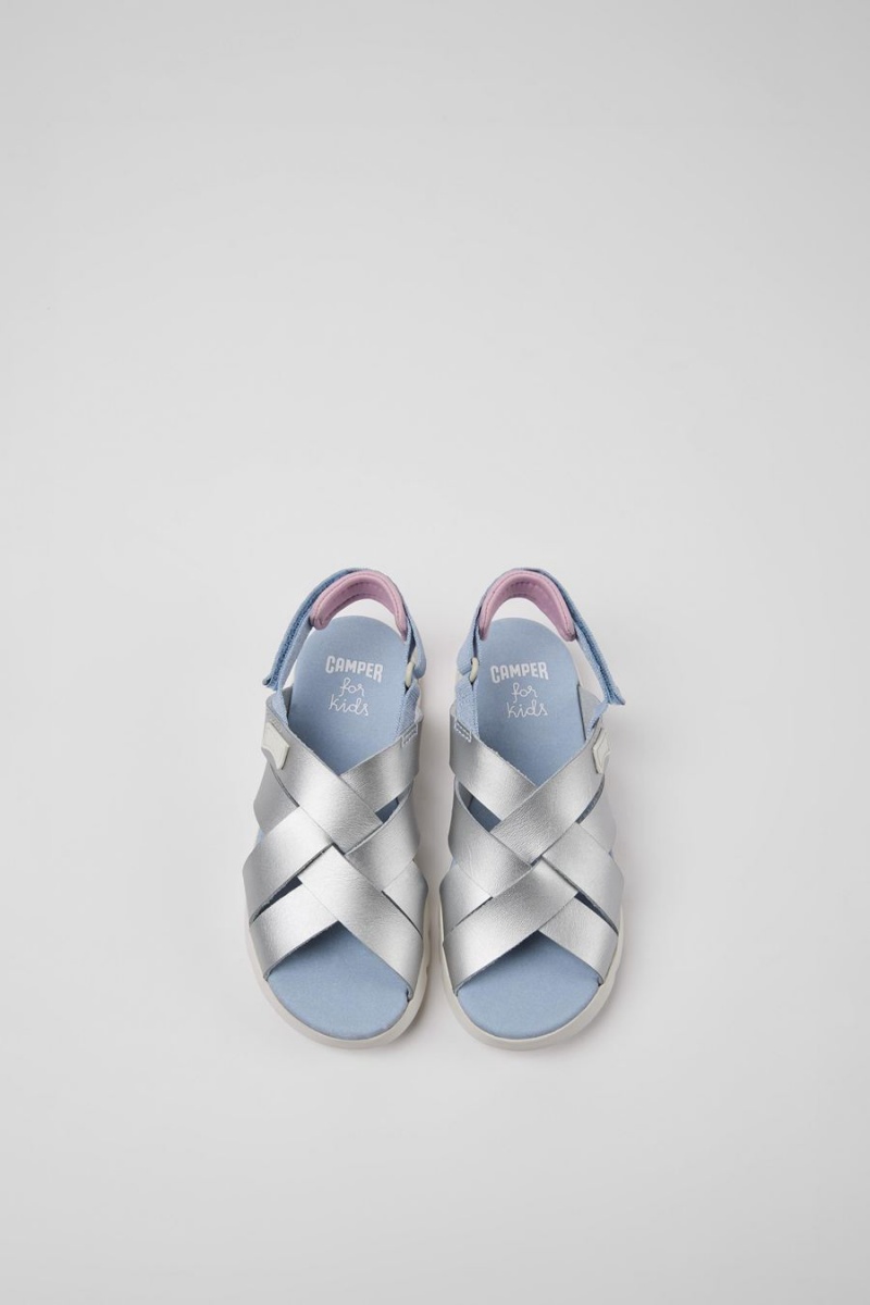 Silver Girls' Camper Oruga Leather Sandals | 4365071-VJ