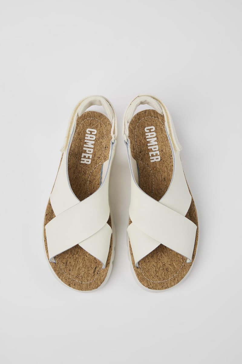 White Women's Camper Oruga Leather Textile Sandals | 0238176-PM