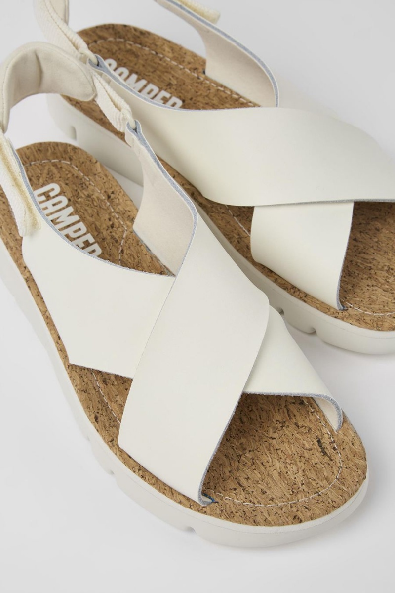 White Women's Camper Oruga Leather Textile Sandals | 0238176-PM